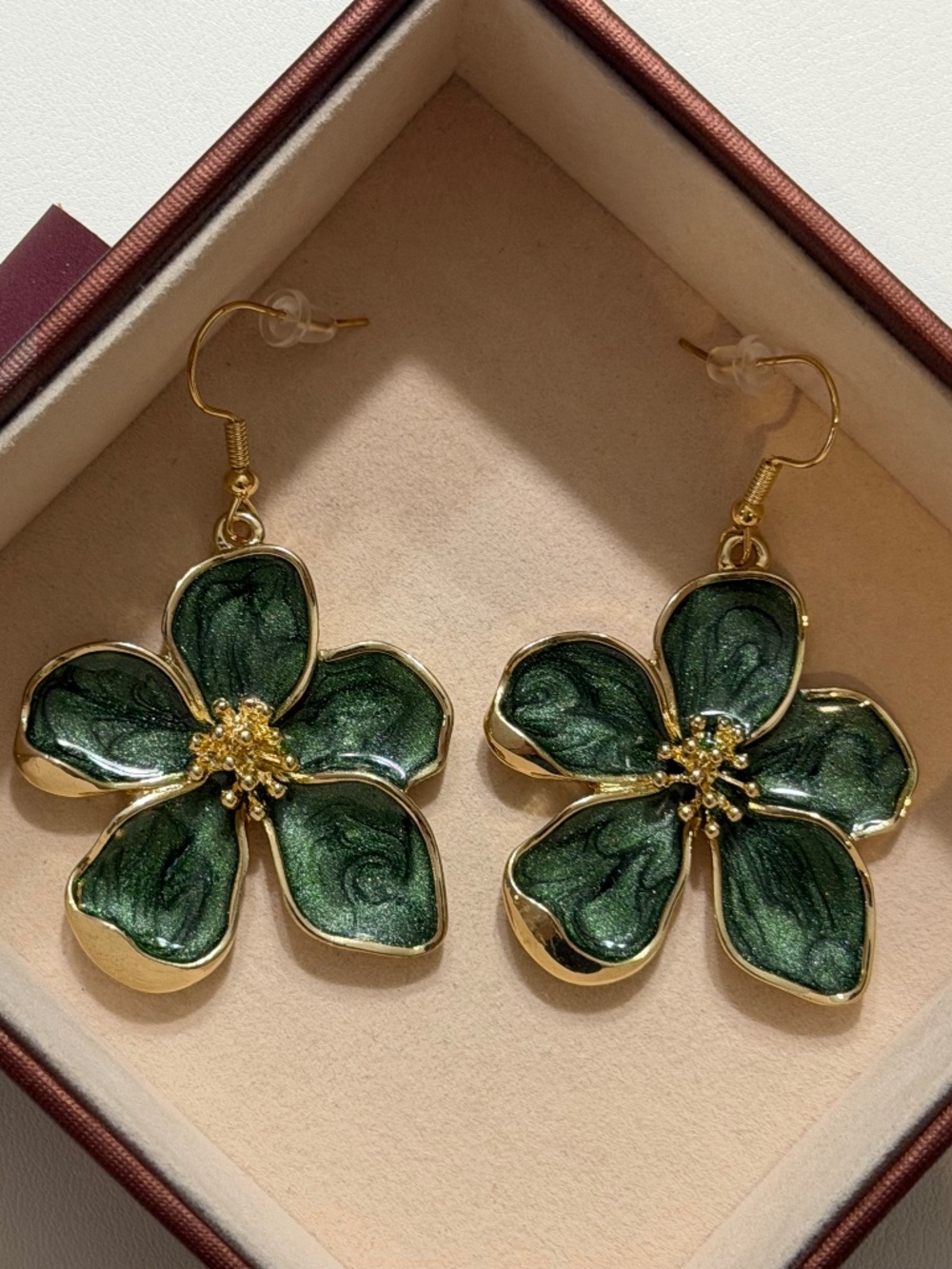 Golden Green Flower Enamel Dangle Drop Hook Statement Earrings